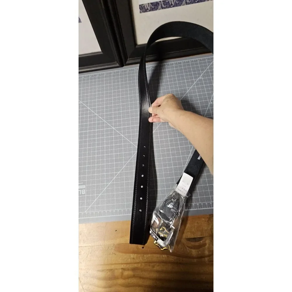Men's genuine leather silver buckle‎ head black belt size 44 New
